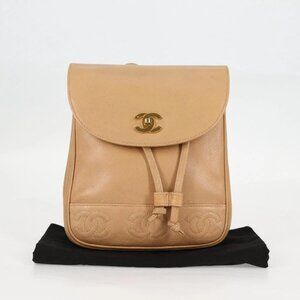 CHANEL Backpack Calf Skin Beige Gold CC Auth